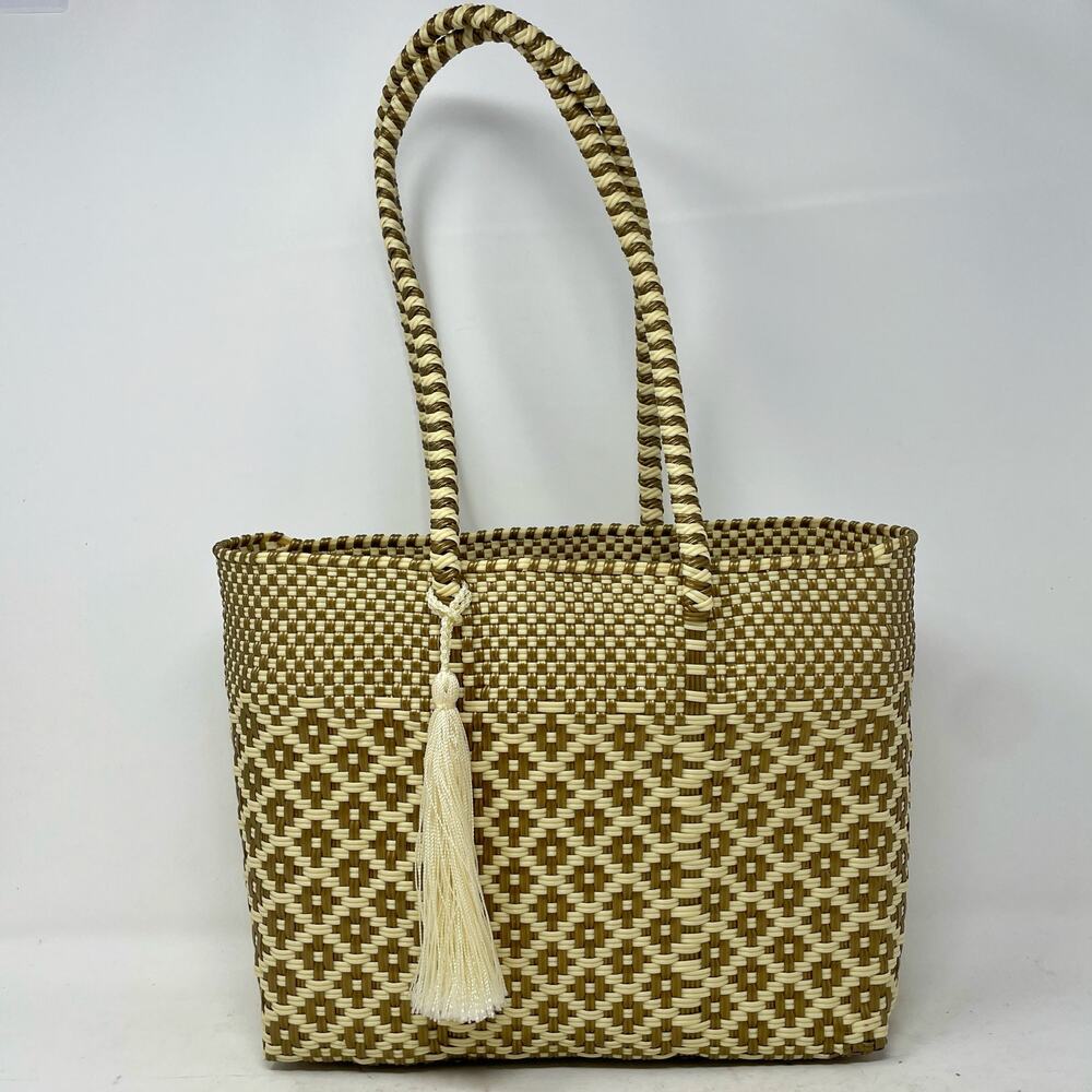 Origin Mexico Handmade Recycled Plastic Tote Bag Gold Cream